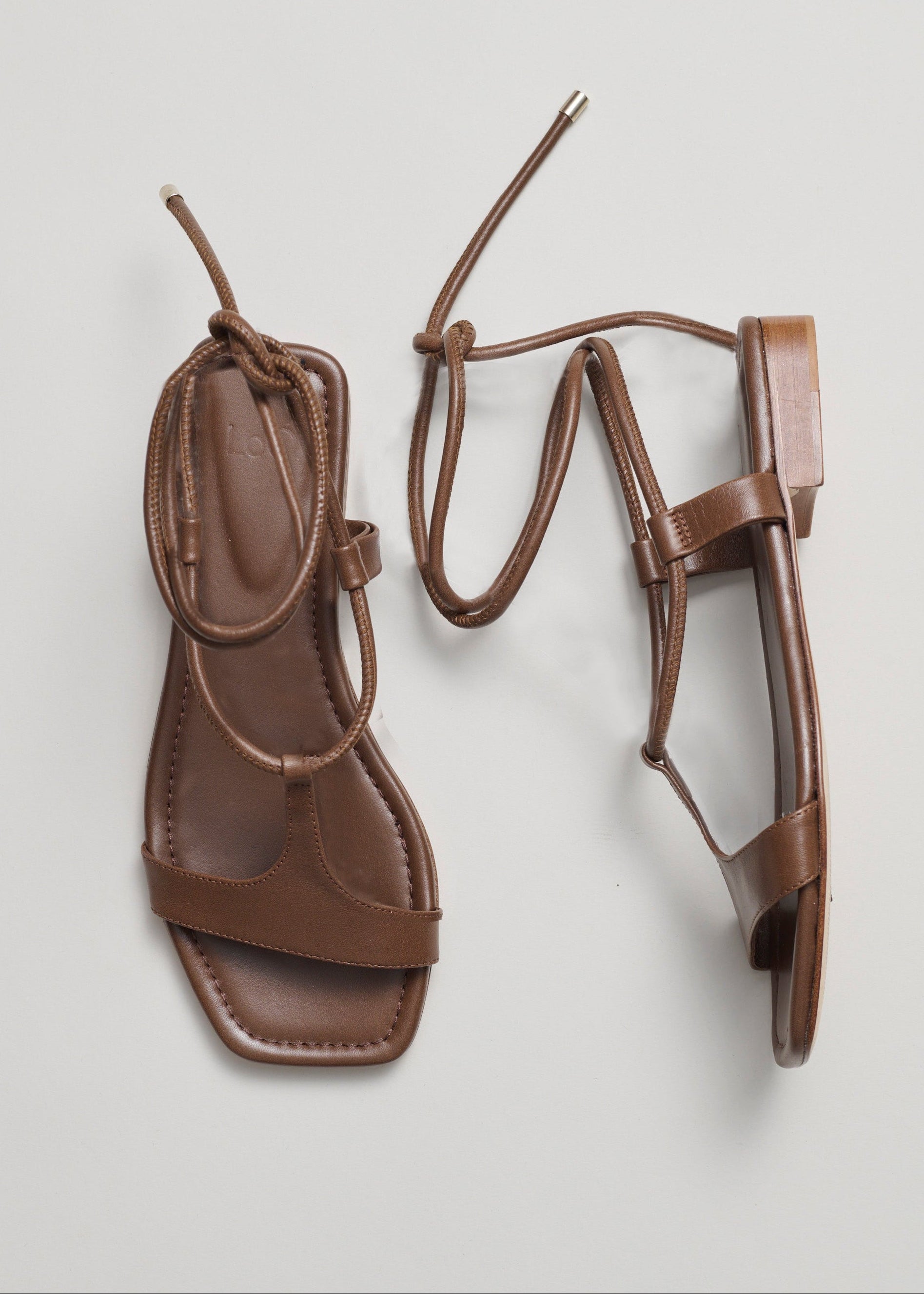 Pair of brown sandals on a light gray background